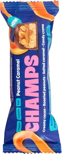 Das Produkt CHAMPS &bdquo;Peanut Caramel&ldquo; verpackt in Koehler NexPlus&reg; Advanced 75 gsm