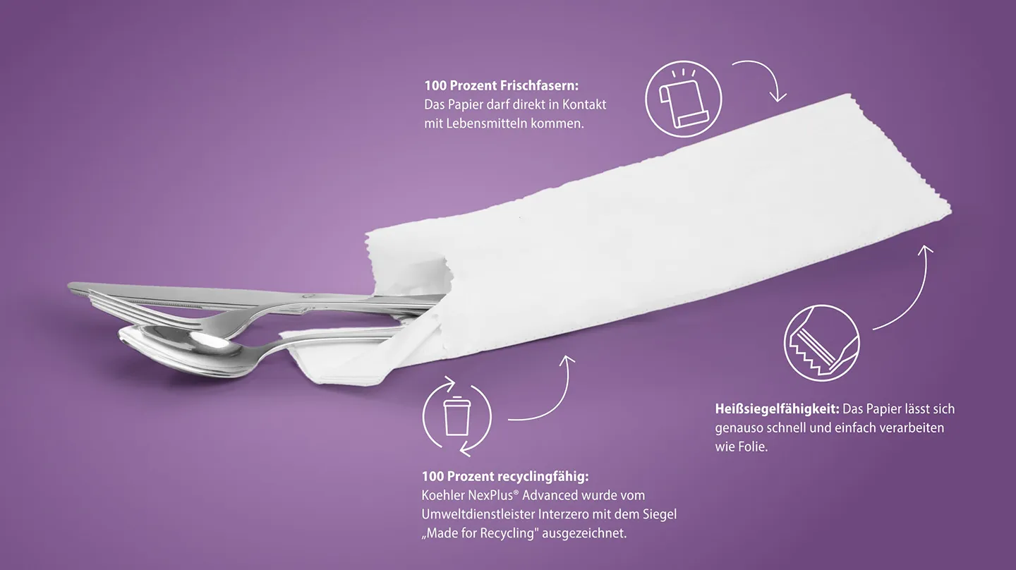 Wei&szlig;er Papierbeutel mit Besteck auf violettem Hintergrund und Symbolen die Eigenschaften des Verpackungsmaterials zeigen