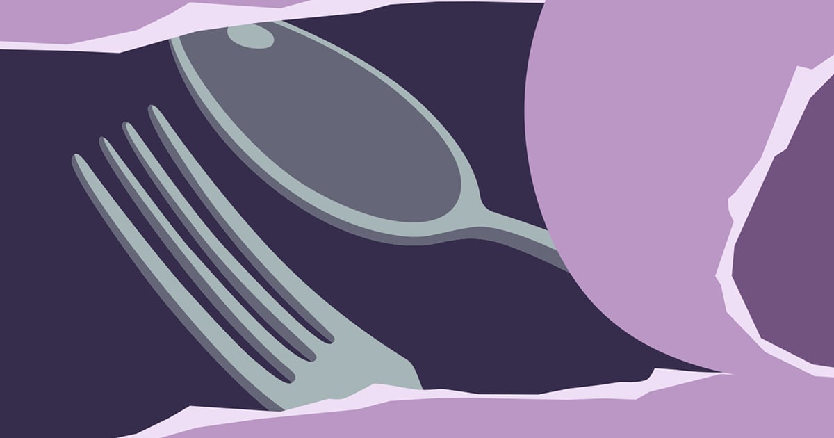 Stilisierter Gabel und L&ouml;ffel hinter aufgerissenem violettem Papier in modernem fl&auml;chigem Design