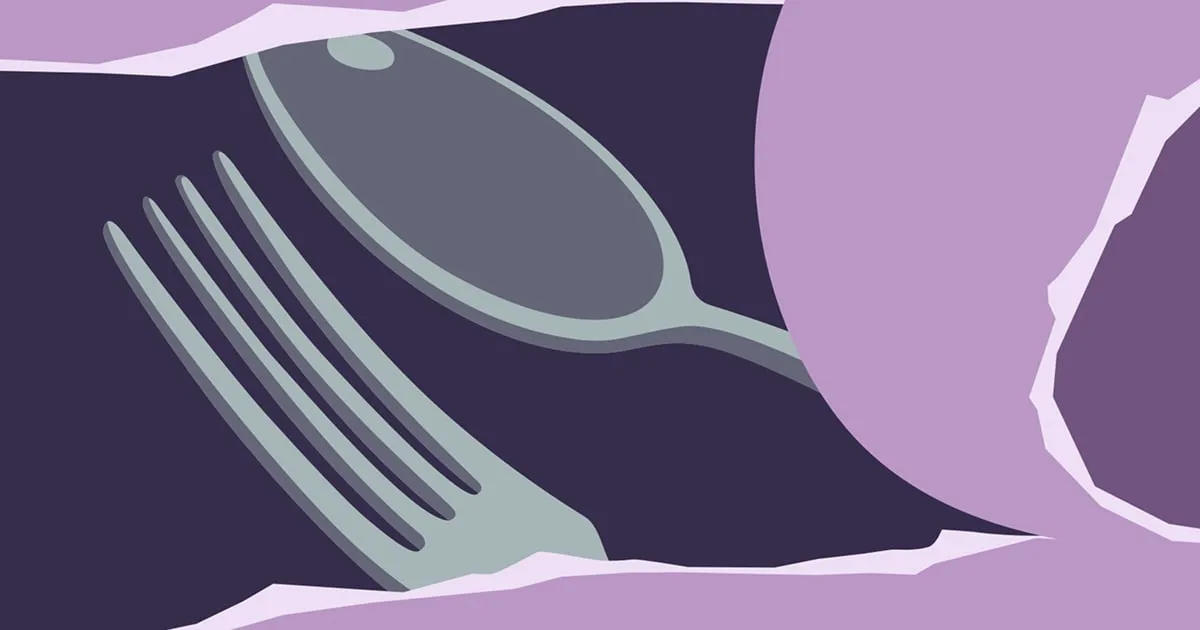 Stilisierter Gabel und L&ouml;ffel hinter aufgerissenem violettem Papier in modernem fl&auml;chigem Design