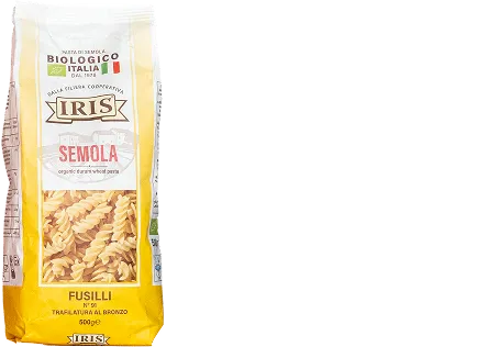 Gelber Papierbeutel f&uuml;r Fusilli-Nudeln mit italienischem Markenlogo, Produktfoto und genauen Angaben zur Bioqualit&auml;t