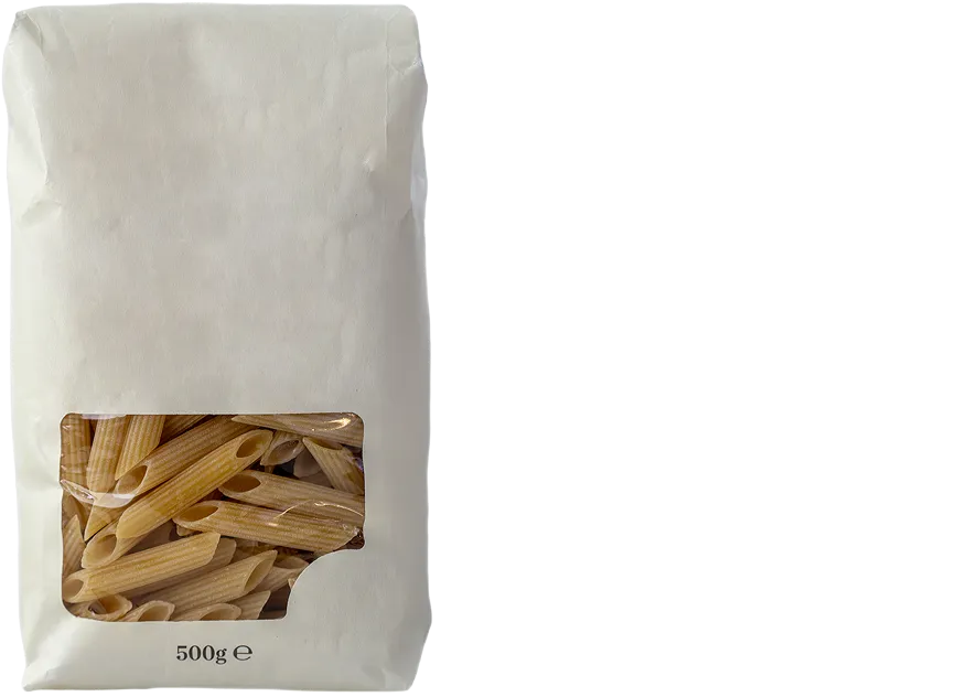 Schlichter wei&szlig;er Papierbeutel f&uuml;r Penne-Nudeln mit transparentem Sichtfenster und diskreter 500g-Angabe im unteren Bereich
