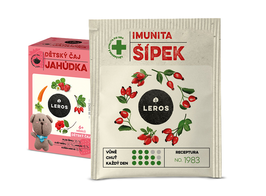 Zwei LEROS‑Teeverpackungen, eine mit rosa Kindertee und eine mit Hagebuttenmotiv, nebeneinander freigestellt 